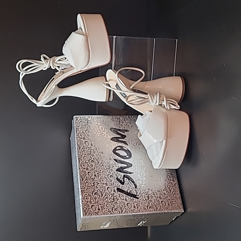 Isnom Womens White Peep Toe Lace Up Chunky Heel Platform Sandal Size 8